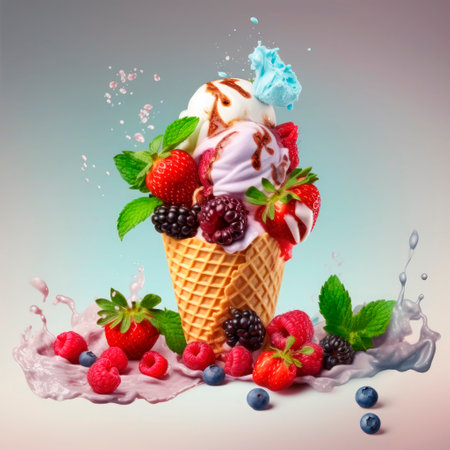 Fresh fruit with scoops of creamy specialty ice cream in assorted flavors with raspberry, berry, blueberry, strawberry and sugar cones.の素材