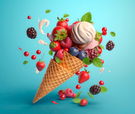 Ice cream with flying fruits and berries on blue background. 3d illustrationの素材