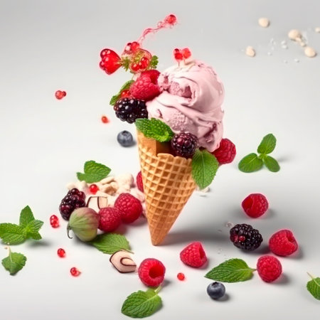 Fresh fruit with scoops of creamy specialty ice cream in assorted flavors with raspberry, berry, blueberry, strawberry and sugar cones.の素材