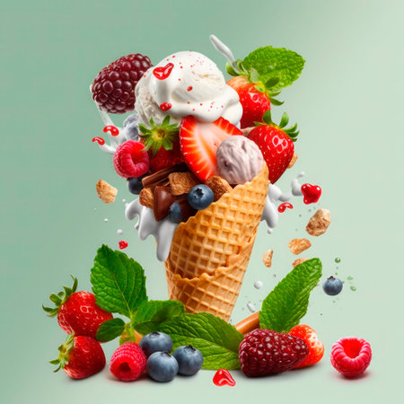 Fresh fruit with scoops of creamy specialty ice cream in assorted flavors with raspberry, berry, blueberry, strawberry and sugar cones.の素材