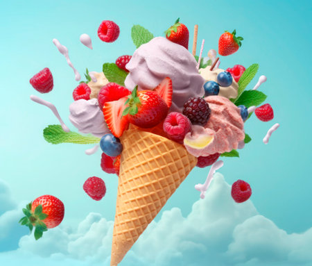 Fresh fruit with scoops of creamy specialty ice cream in assorted flavors with raspberry, berry, blueberry, strawberry and sugar cones.の素材