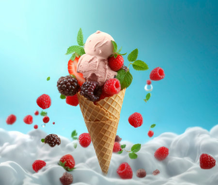 Ice cream in waffle cone with berries and mint on blue backgroundの素材