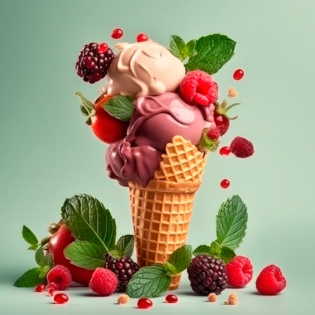 Fresh fruit with scoops of creamy specialty ice cream in assorted flavors with raspberry, berry, blueberry, strawberry and sugar cones.の素材