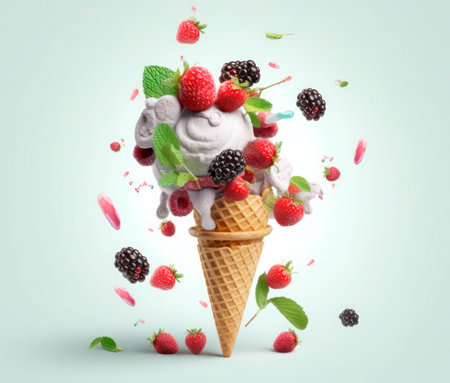 Ice cream in waffle cone with fruits and berries, 3d illustrationの素材
