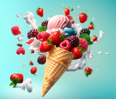 Ice cream with fruits and berries in a waffle cone. 3d renderingの素材