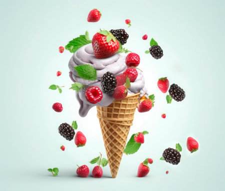 Ice cream with fresh berries and mint leaves on blue background. 3d illustrationの素材