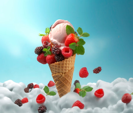 Fresh fruit with scoops of creamy specialty ice cream in assorted flavors with raspberry, berry, blueberry, strawberry and sugar cones.の素材