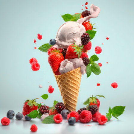Fresh fruit with scoops of creamy specialty ice cream in assorted flavors with raspberry, berry, blueberry, strawberry and sugar cones.の素材