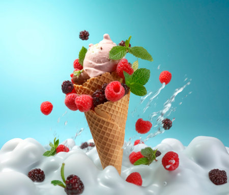 ice cream with fresh raspberries and blackberries on a blue backgroundの素材
