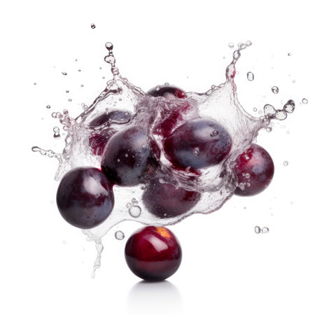Plum into burst splashes of juices on white. vector illustration.の素材
