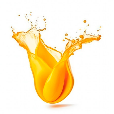 Mango into burst splashes of juices on white. vector illustration.の素材