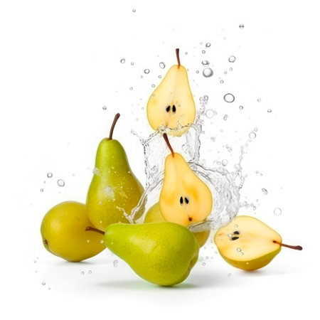 Pear into burst splashes of juices on white. vector illustration.の素材