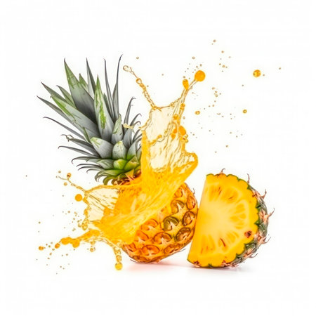 pineapples into burst splashes of juices on white. vector illustration.の素材