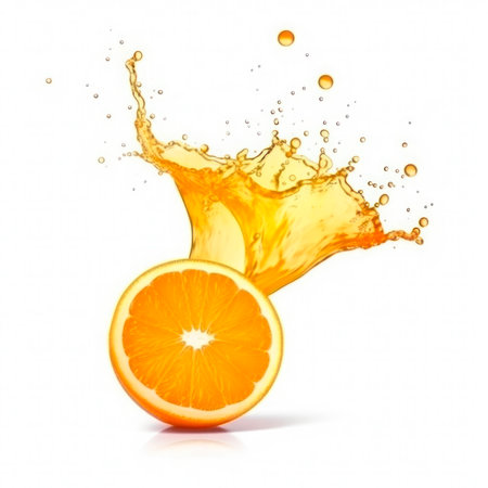 orange into burst splashes of juices on white. vector illustration.の素材
