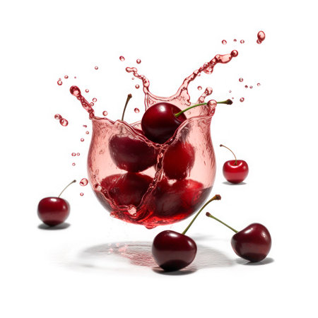 Cherry into burst splashes of juices on white. vector illustration.の素材