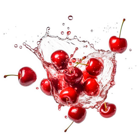 Cherry into burst splashes of juices on white. vector illustration.の素材