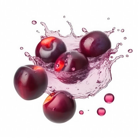Plum into burst splashes of juices on white. vector illustration.の素材