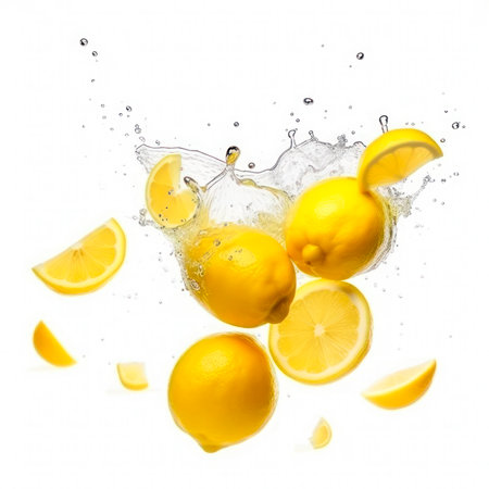 Lemon into burst splashes of juices on white. vector illustration.の素材