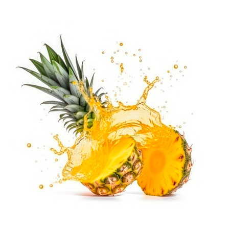 pineapples into burst splashes of juices on white. vector illustration.の素材