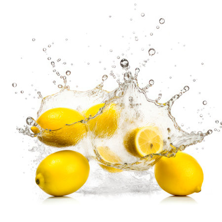 Lemon into burst splashes of juices on white. vector illustration.の素材
