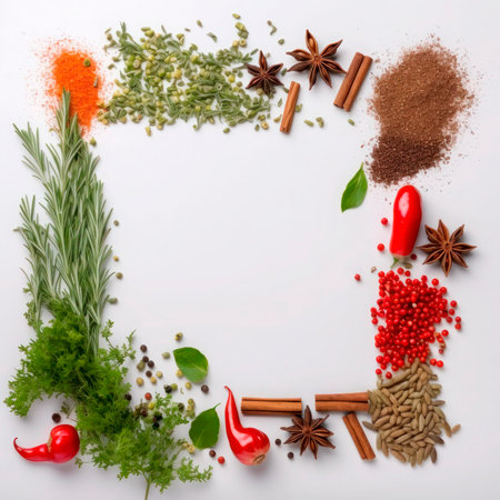 Frame of spices for the design of cooking materials, menus, recipes, labels with empty space in the center on a light backgroundの素材