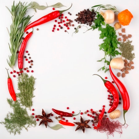 Frame of spices for the design of cooking materials, menus, recipes, labels with empty space in the center on a light backgroundの素材