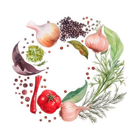 Frame of spices for the design of cooking materials, menus, recipes, labels with empty space in the center on a light backgroundの素材