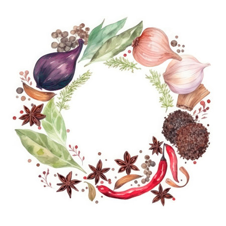Frame of spices for the design of cooking materials, menus, recipes, labels with empty space in the center on a light backgroundの素材