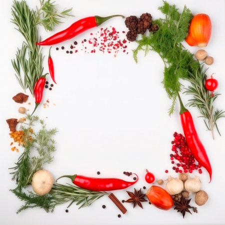 Frame of spices for the design of cooking materials, menus, recipes, labels with empty space in the center on a light backgroundの素材