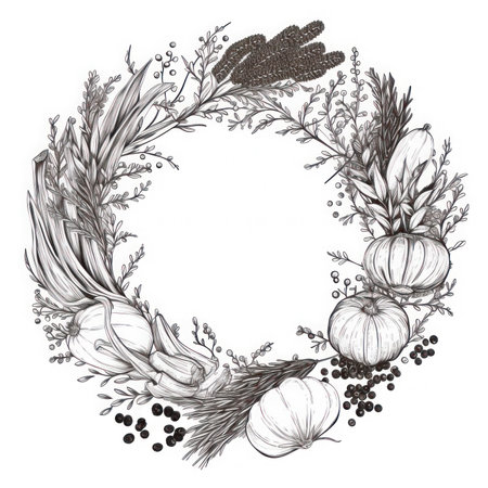 Frame of spices for the design of culinary materials, menus, recipes, labels with empty space in the center on a light background in a graphic styleの素材