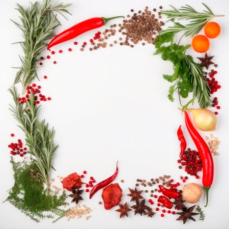 Frame of spices for the design of cooking materials, menus, recipes, labels with empty space in the center on a light backgroundの素材