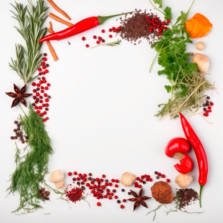 Frame of spices for the design of cooking materials, menus, recipes, labels with empty space in the center on a light backgroundの素材