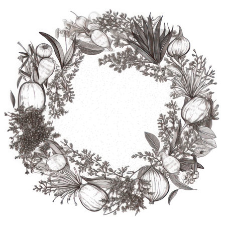 Frame of spices for the design of culinary materials, menus, recipes, labels with empty space in the center on a light background in a graphic styleの素材