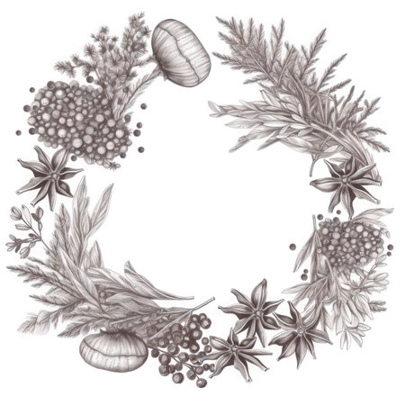 Frame of spices for the design of culinary materials, menus, recipes, labels with empty space in the center on a light background in a graphic styleの素材