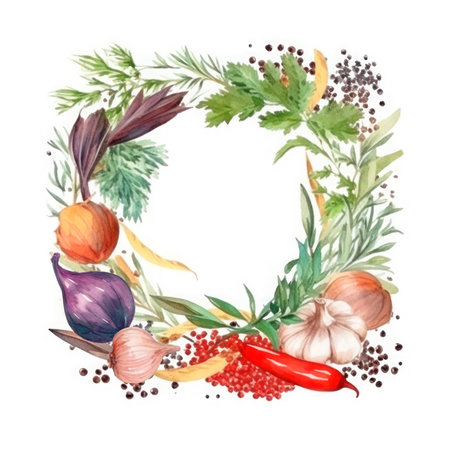 Frame of spices for the design of cooking materials, menus, recipes, labels with empty space in the center on a light backgroundの素材
