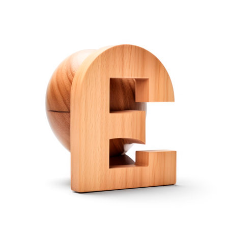 Letter E made of wood 3d on a white backgroundの素材