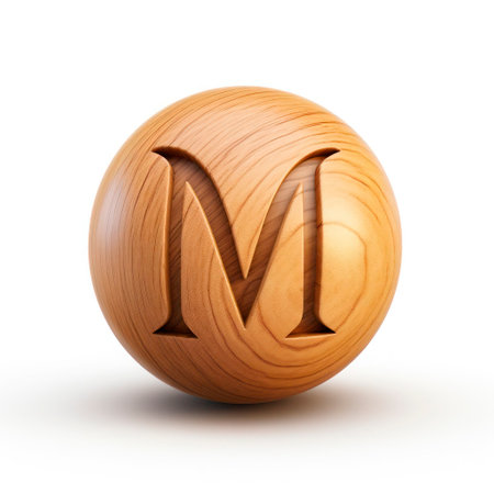 Letter M made of wood 3d on a white backgroundの素材