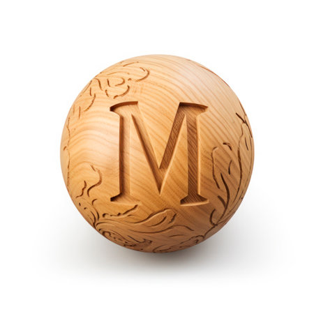 Letter M made of wood 3d on a white backgroundの素材