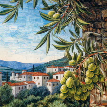 Olive branch in a rural landscape with Mediterranean houses in the backgroundの素材
