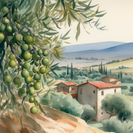 Olive branch in a rural landscape with Mediterranean houses in the backgroundの素材