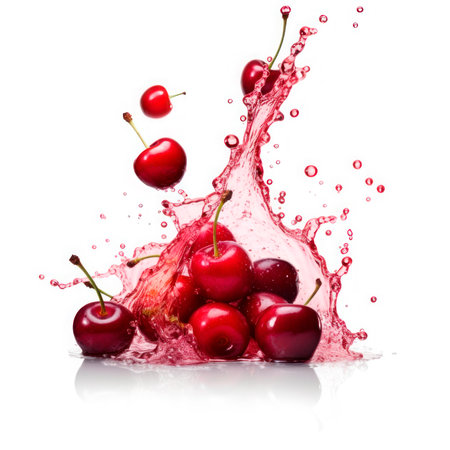 Cherry into burst splashes of juices on white. vector illustration.の素材
