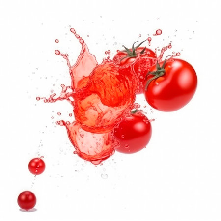 Tomatoes into burst splashes of juices on white. vector illustration.の素材