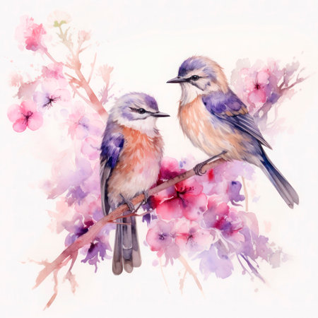 A pair of colorful birds on a flowering tree with a flower in a watercolor art design. Painting technique concept isolated on white background.の素材