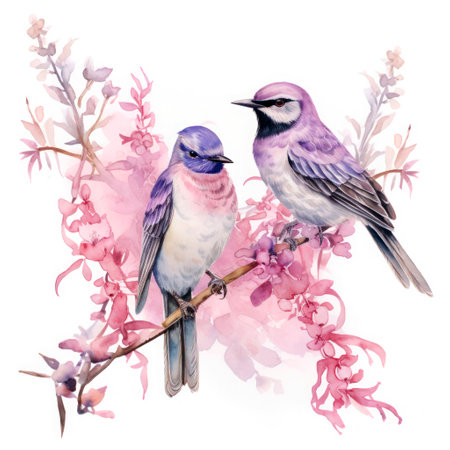 Colorful birds on stick blooming tree with flower in watercolor design artistic. Concept of painting technique isolated on white background in canvas.の素材