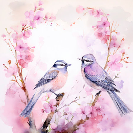A pair of colorful birds on a flowering tree with a flower in a watercolor art design. Painting technique concept isolated on white background.の素材