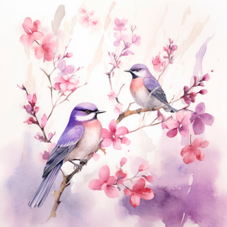 A pair of colorful birds on a flowering tree with a flower in a watercolor art design. Painting technique concept isolated on white background.の素材