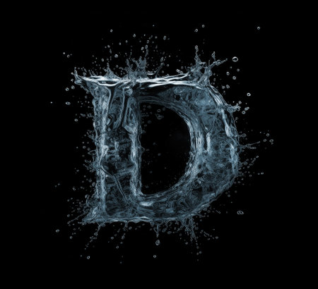Letter D of the English alphabet in the form of a splash of water with drops on a black background. 3D visualization.の素材