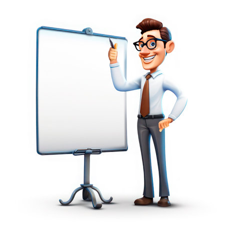 business presentation. 3d icon of office man who presenting chart and graph to colleagues. Results and data concept.の素材