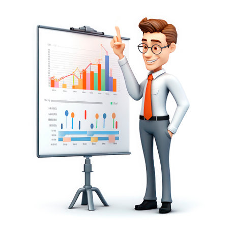 business presentation. 3d icon of office man who presenting chart and graph to colleagues. Results and data concept.の素材