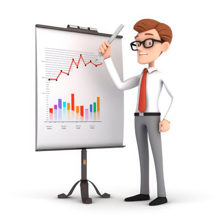 business presentation. 3d icon of office man who presenting chart and graph to colleagues. Results and data concept.の素材